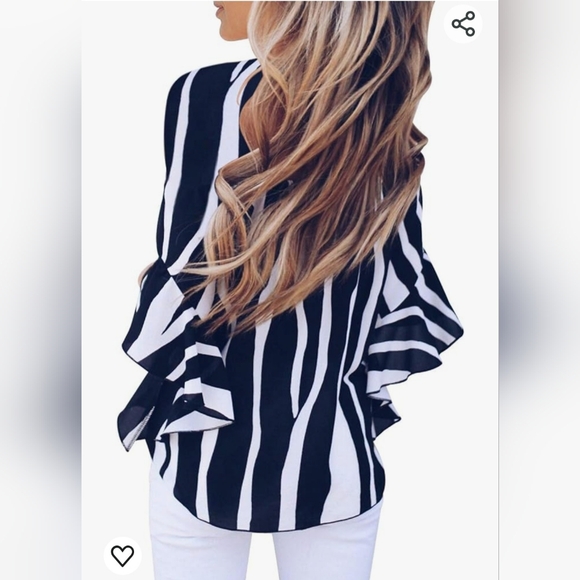 Onlypuff Striped 3/4 Bell Sleeve High-low Front Tie Knot Blouse Size: XXL - Picture 2 of 3